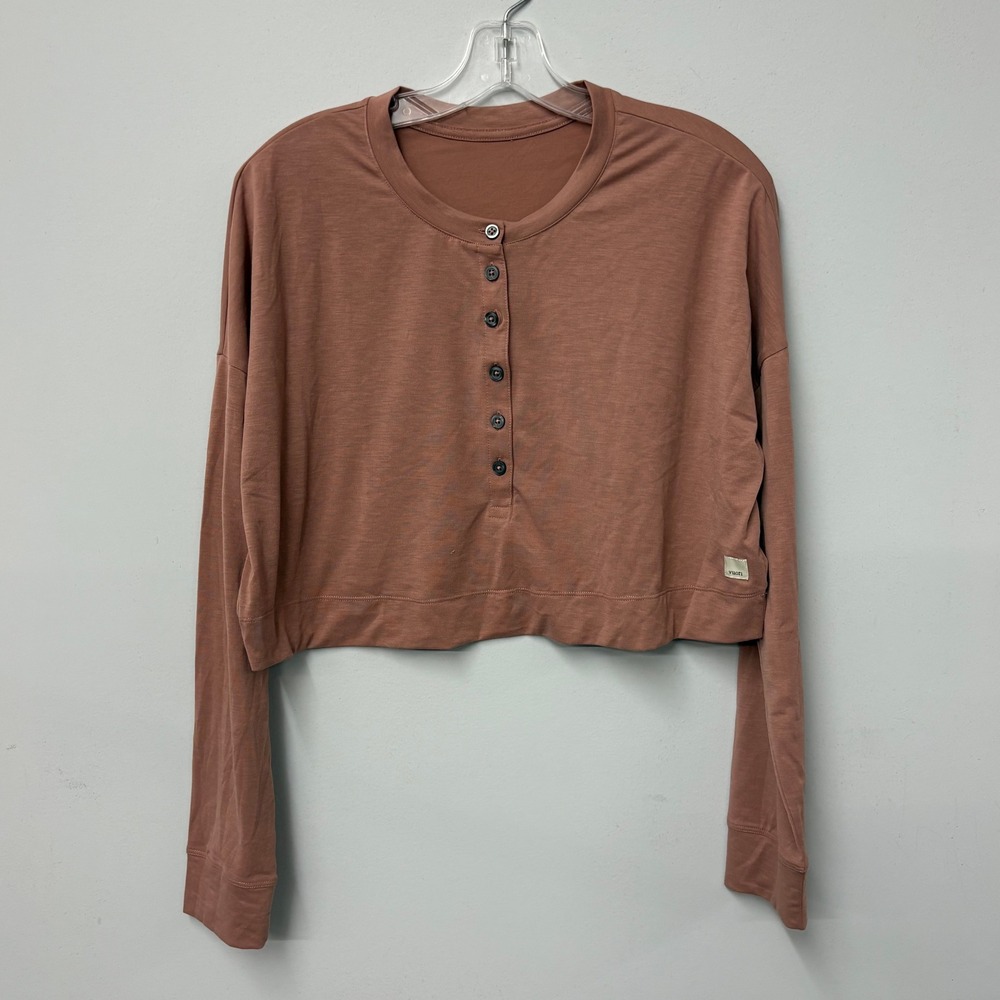 Vuori Womens Avalon L/S Henley Cropped Top Rosewood Pink Relaxed Fit Medium